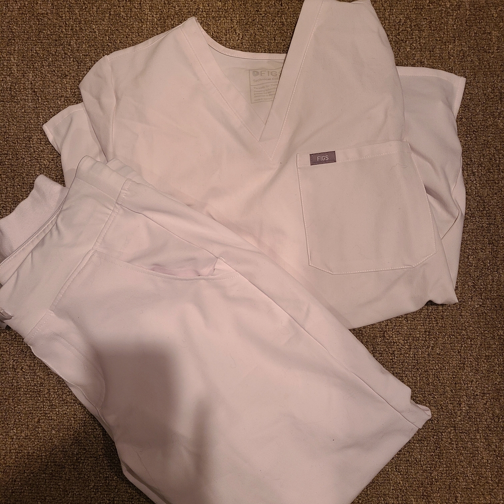 Figs White V-Neck Scrub Top and Pants Set